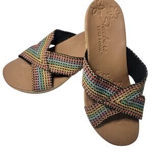 Skechers Beverlee Rainbow Pride Sandals Womens 10 Canvas Cork Wedge Comfort Open